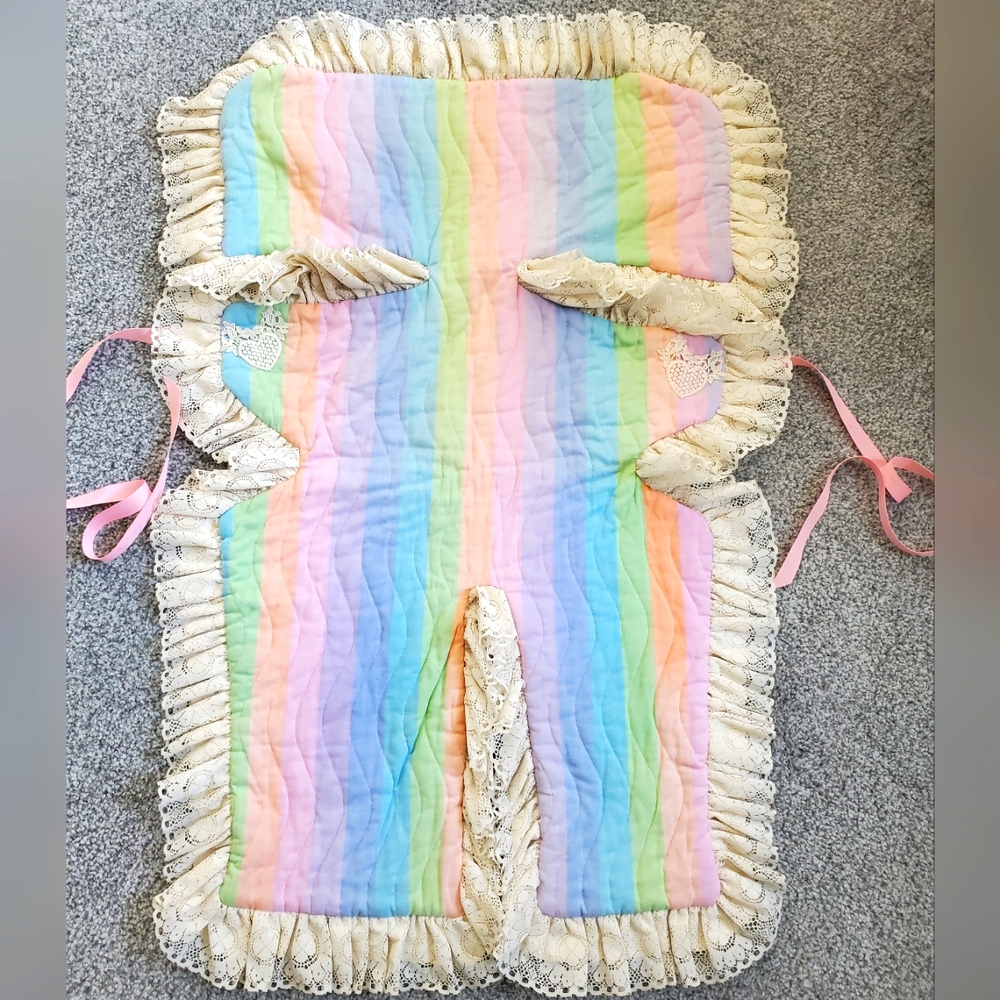 VINTAGE Custom Pastel Striped Baby Carseat Cover with Lace Trim